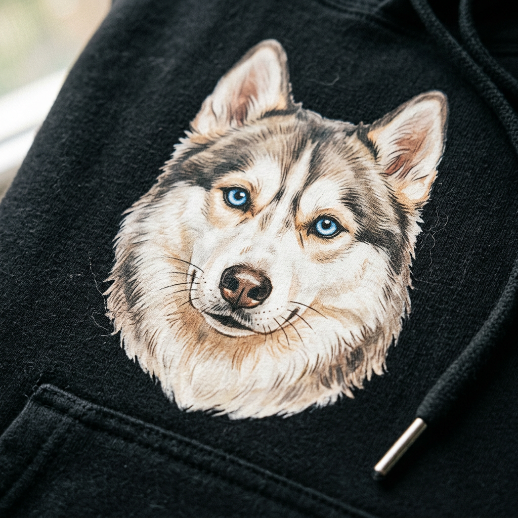 Détail portrait illustré sur hoodie noir