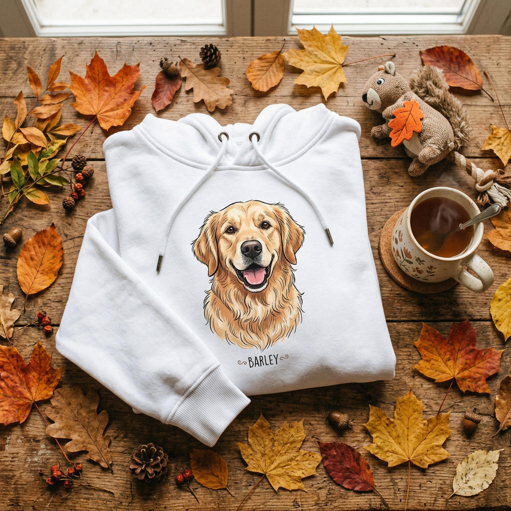 Flat lay automnal - hoodie blanc avec portrait animal
