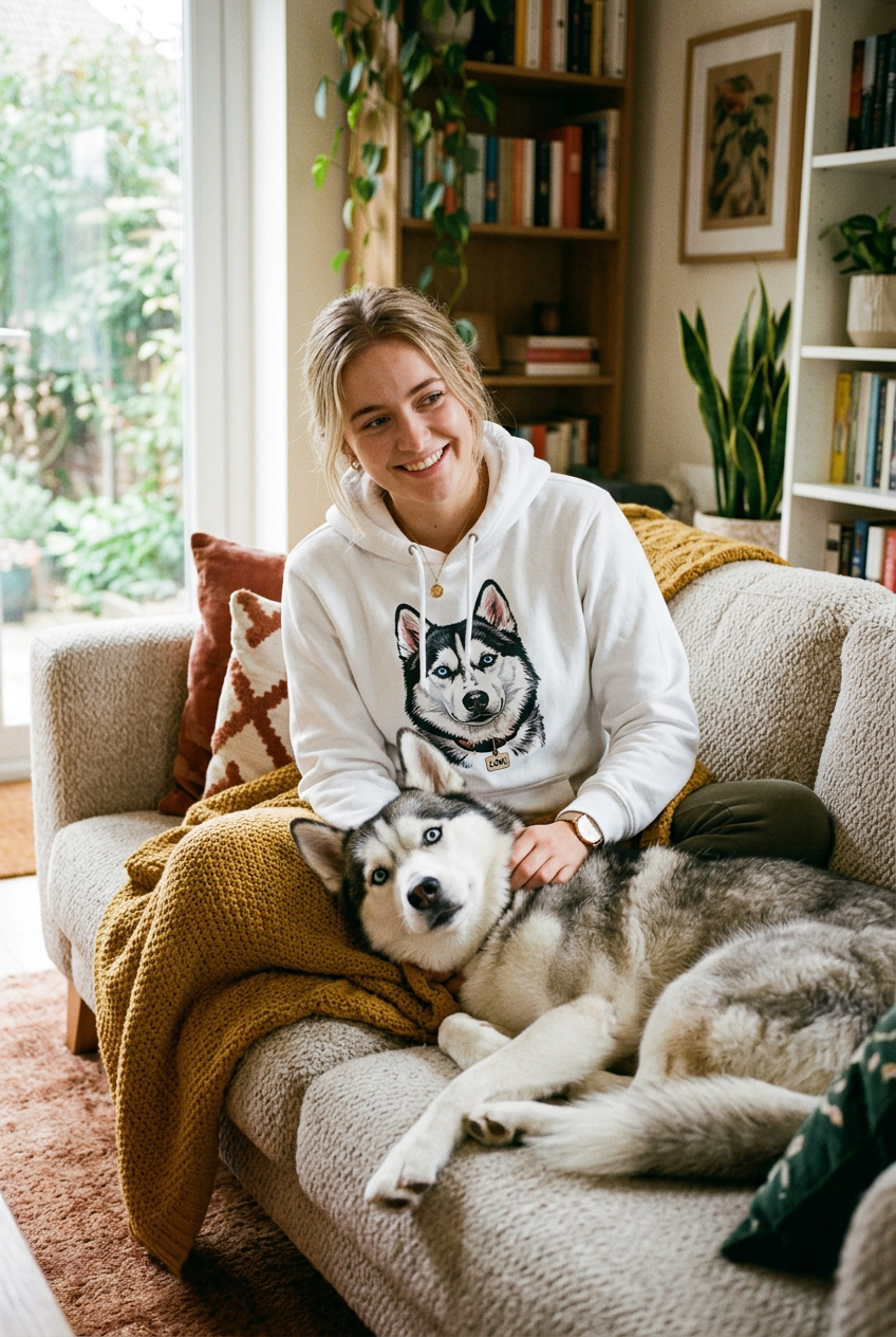 Lifestyle - femme et son Husky en hoodie